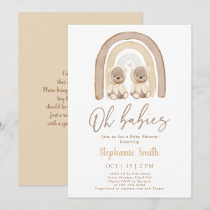 Twins Teddy bear Rainbow Baby Shower Invitation