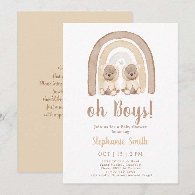 Twins Teddy bear Rainbow Baby Shower Invitation (Front/Back)
