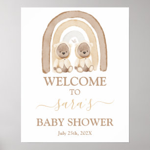 Twins Teddy Bear Rainbow Baby Shower Welcome sign