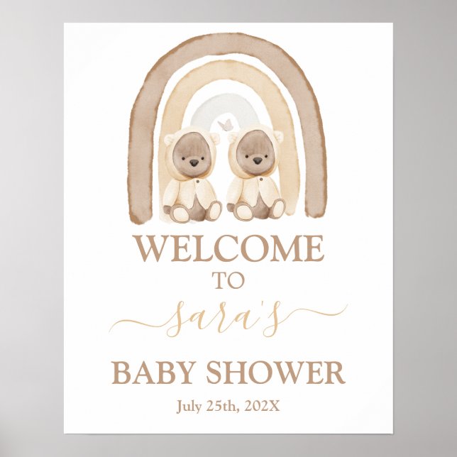 Twins Teddy Bear Rainbow Baby Shower Welcome sign (Front)