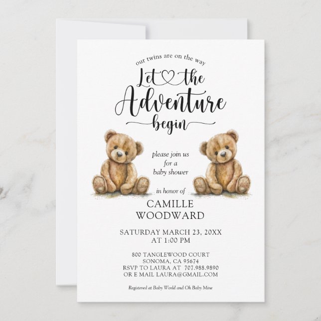 Twins Teddy Bears Baby Shower Invitation (Front)