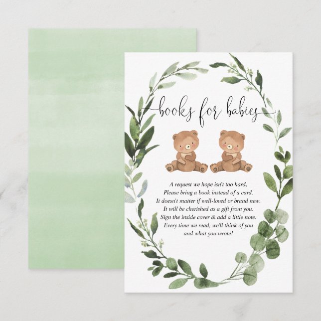 Twins teddy bears gender neutral books for baby enclosure card (Front/Back)