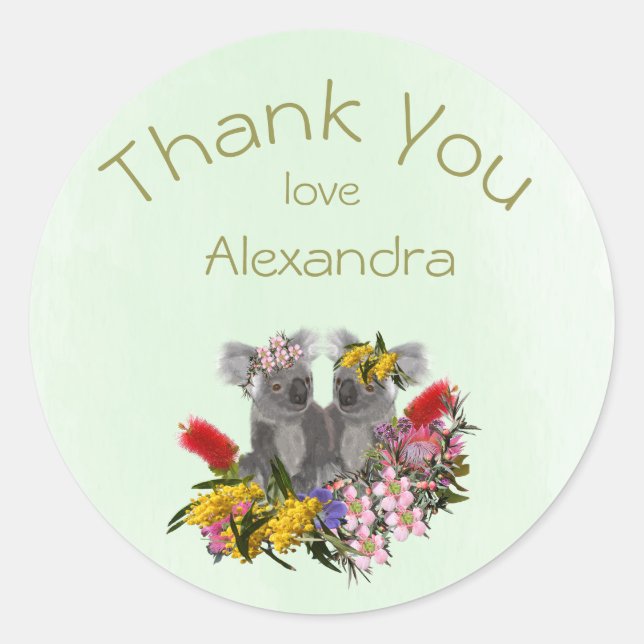 Twins Thank You  Green Wildflower Koala Classic Round Sticker (Front)