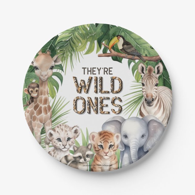 Twins they're wild one jungle 1st birthday snacks paper plate (Front)