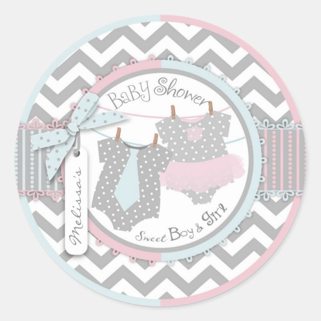Twins Tie Tutu Chevron Baby Shower Classic Round Sticker (Front)