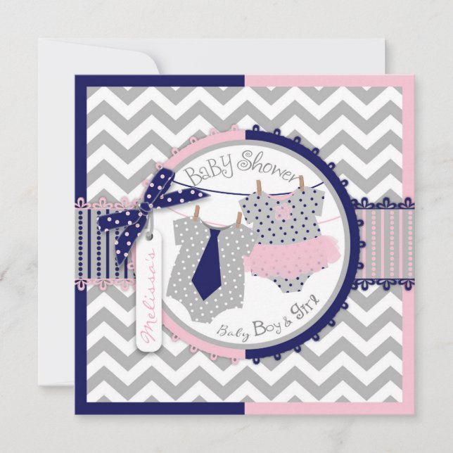 Twins Tie Tutu Chevron Baby Shower Invitation (Front)