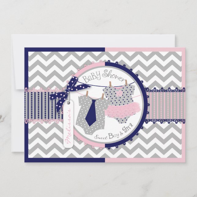 Twins Tie Tutu Chevron Baby Shower Invitation (Front)