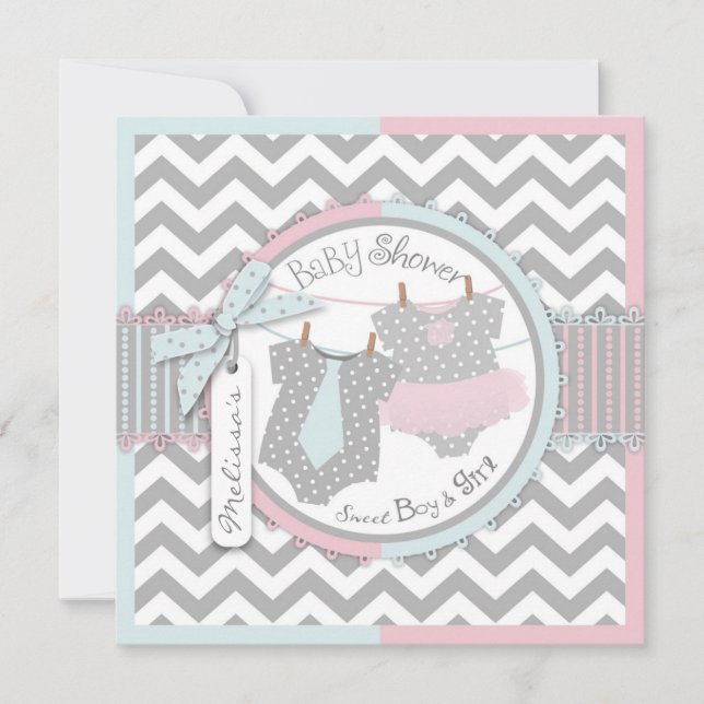 Twins Tie Tutu Chevron Baby Shower Invitation (Front)