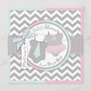 Twins Tie Tutu Chevron Baby Shower Invitation