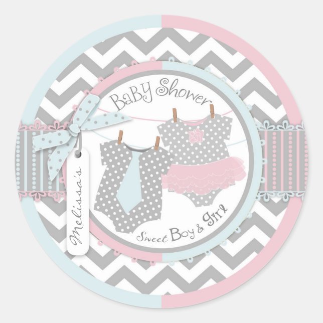 Twins Tie Tutu Chevron Print Baby Shower Classic Round Sticker (Front)