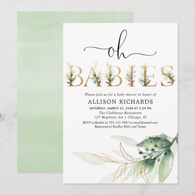 Twins triplets gender neutral greenery baby shower invitation (Front/Back)