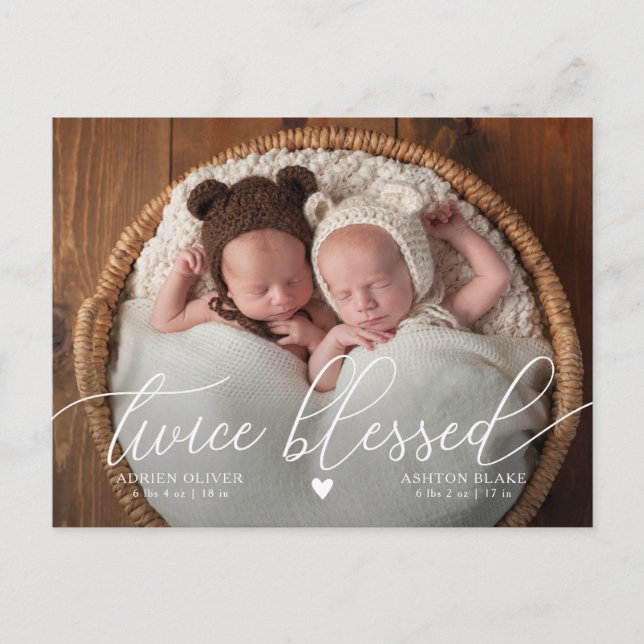 TWINS Twice Blessed Baby Photo Birth Announcement  Postcard (Front)