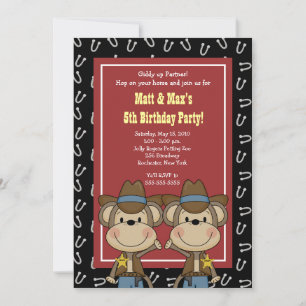 TWINS Twin Boys Western Cowboy Monkey 5x7 Birthday Invitation