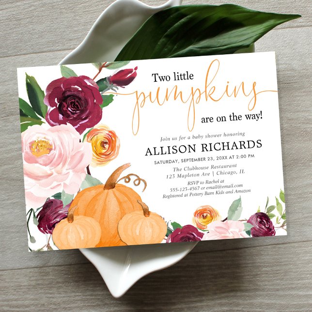 Twins two little pumpkins fall floral baby shower invitation (Creator Uploaded)