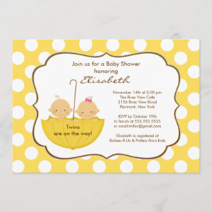 Twins Umbrella Baby Shower Invitation Yellow