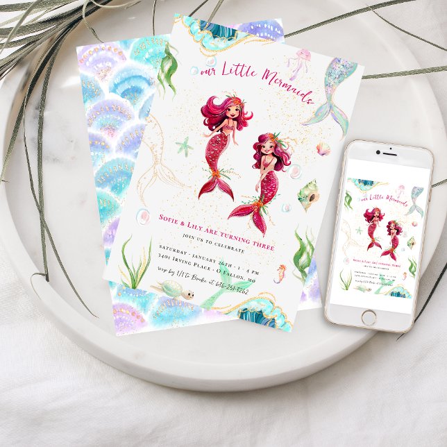 Twins | Watercolor Glitter Mermaid Birthday Invitation (Creator Uploaded)