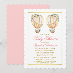 Twins Watercolor Pink Floral Balloons Baby Shower Invitation