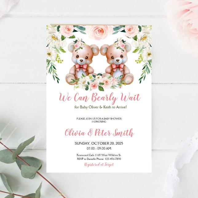 TWINS We Can Bearly Wait Teddy Bear Baby Shower Invitation (Creator Uploaded)