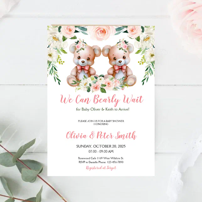 TWINS We Can Bearly Wait Teddy Bear Baby Shower Invitation | Zazzle