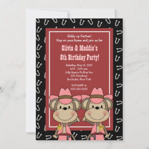 TWINS Western Cowgirl Monkey 5x7 Birthday Invitation