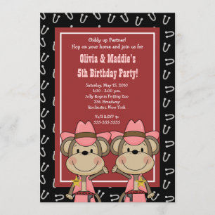 TWINS Western Cowgirl Monkey 5x7 Birthday Invitation