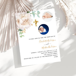 Twins white floral photo gender neutral Baptism Invitation