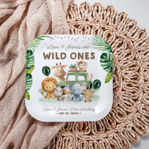 Twins Wild One 1st Birthday Safari Animals Paper Plate