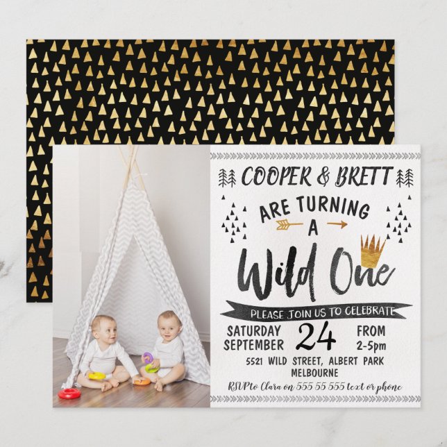 Twins Wild One Photo 1st Birthday Invitation (Front/Back)