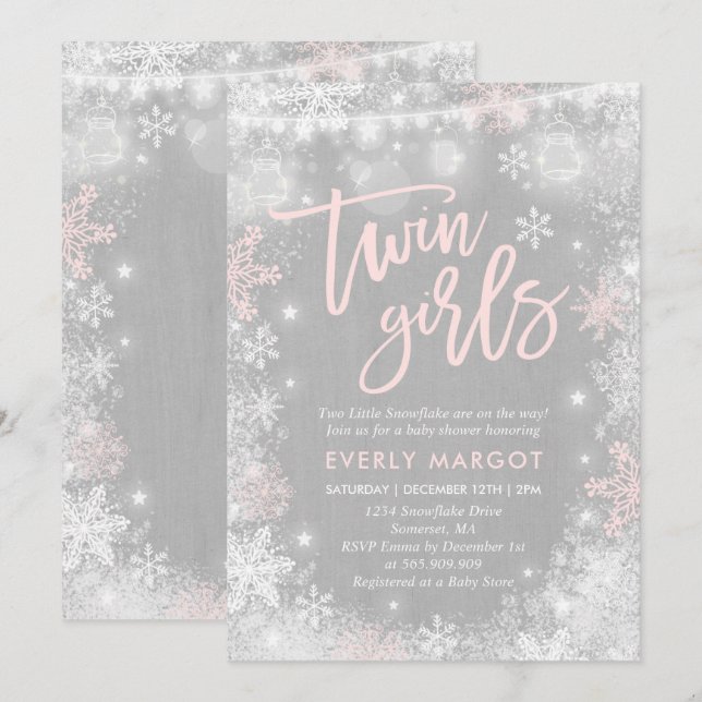 Twins Winter Baby Shower Invitation Rustic Shower (Front/Back)