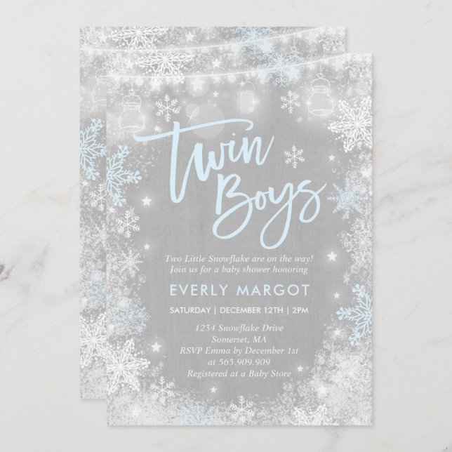 Twins Winter Baby Shower Invitation Rustic Shower (Front/Back)