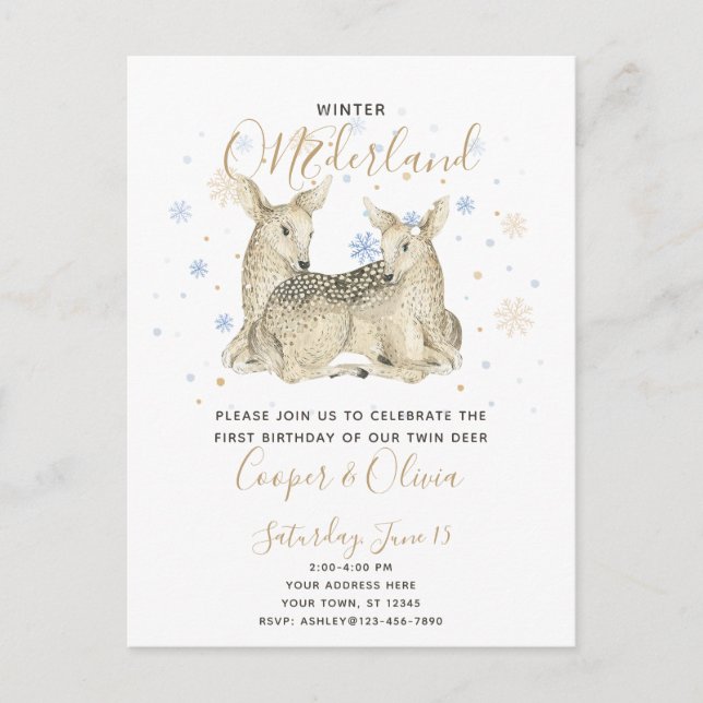 Twins Winter ONEderland Deer Baby's 1st Birthday Invitation Postcard (Front)