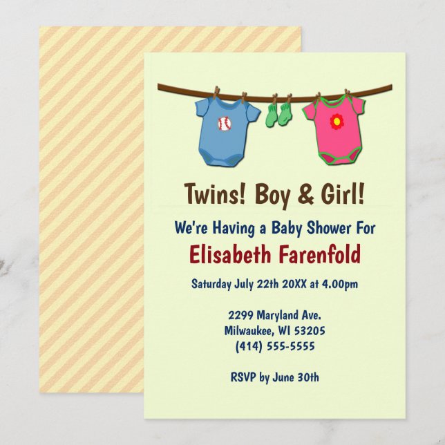 Twins with Boy & Girl Baby Shower in Invitation (Front/Back)