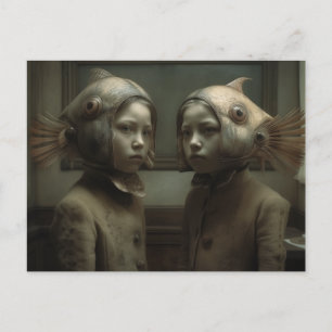 Twins With Fish on Heads Horror AI Art Postcard