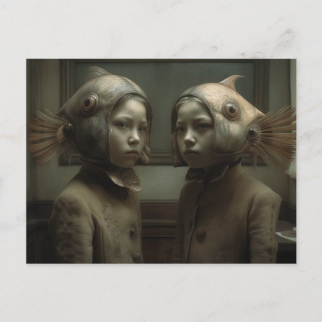 Twins With Fish on Heads Horror AI Art Postcard (Front)