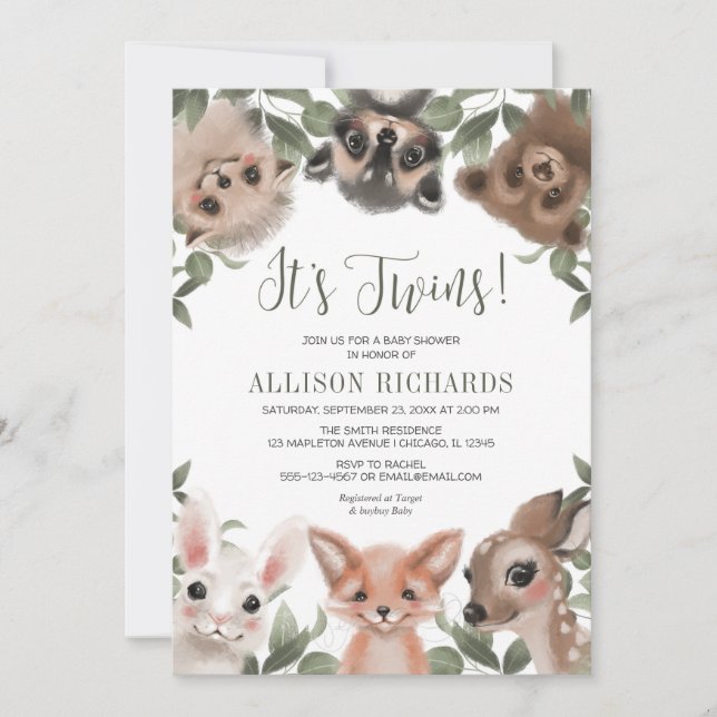 Twins woodland animals forest friends baby shower invitation (Front)