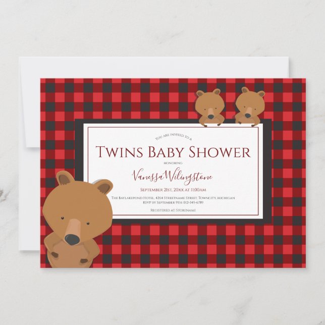  Twins Woodland Red Plaid Bear Baby Shower Invitation (Front)