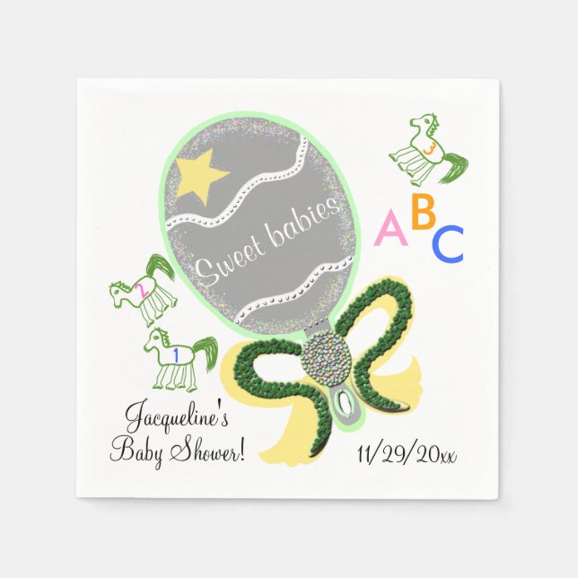 Twins Yellow and Green Baby Rattle Baby Shower Napkin (Front)