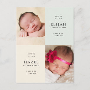 Twins Yellow & Green Photo Birth Announcement Postcard