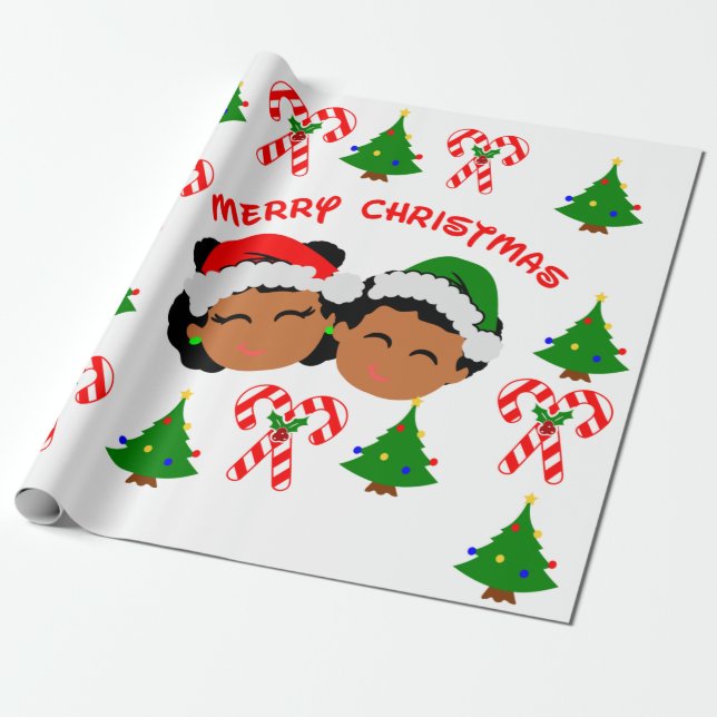 Twinzies African American Christmas Afro Kids Twin Wrapping Paper (Unrolled)