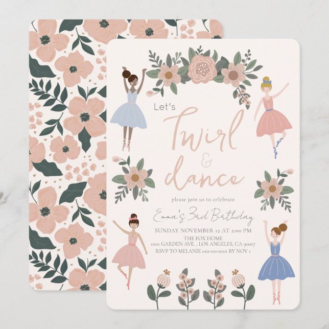 Twirl & Dance Ballerina Floral Girl Birthday Invitation (Front/Back)