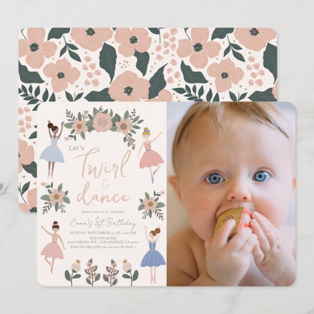 Twirl & Dance Ballerina Floral Photo 1st Birthday Invitation (Front/Back)
