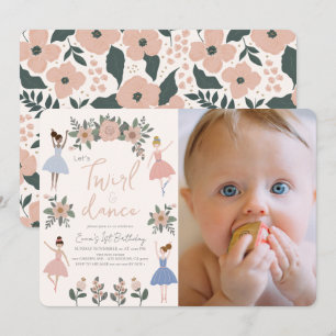 Twirl & Dance Ballerina Floral Photo 1st Birthday Invitation