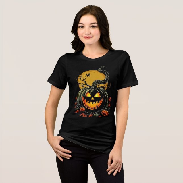 Twisted Grinning Pumpkin Halloween Design Tri-Blend Shirt (Front Full)