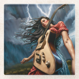 Twisted Guitar Woman Glass Coaster