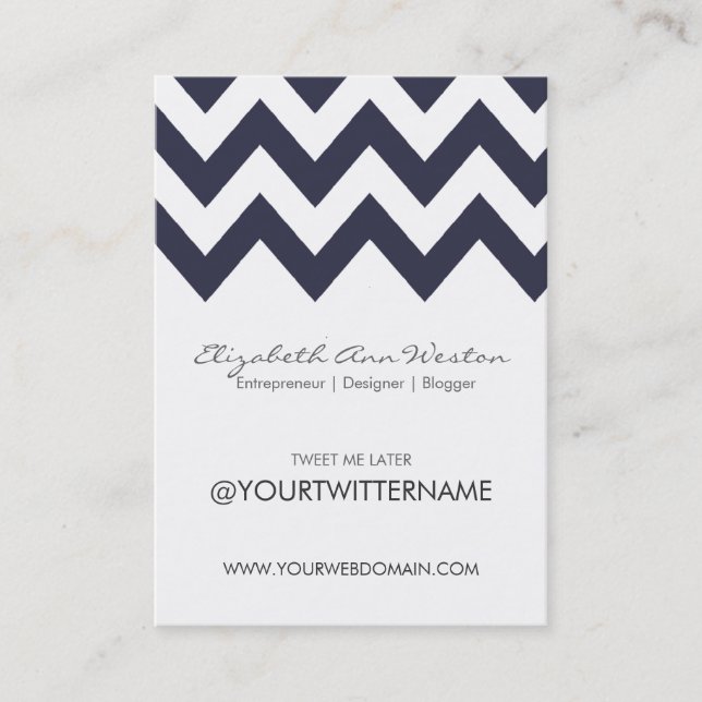Twitter Business Cards in Navy Chevron - Portrait (Front)