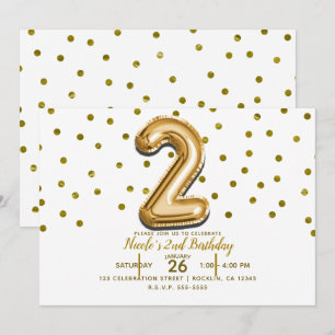 Two 2 Gold Balloon & Confetti 2nd Birthday Party Invitation