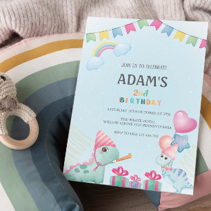 two-a-saurus 2nd Birthday Blue Dinosaur Invitation