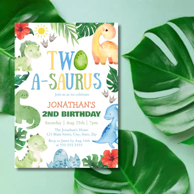 Two A-Saurus Dino 2nd Birthday Invitation (Creator Uploaded)