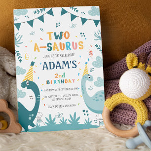 two-a-saurus White 2nd Birthday Green Dinosaur Invitation