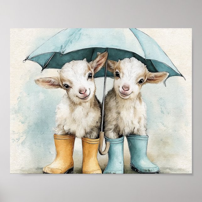Two Adorable Baby Goats on a Rainy Day Poster (Front)